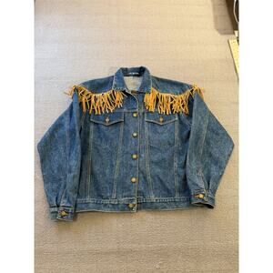 PARIS EXPRESS Fringe Denim Jacket Western Boho Style Outerwear Vintage